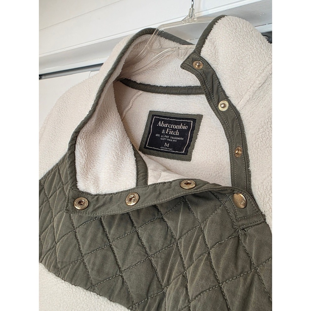 Abercrombie‎ & Fitch Womens Fleece Pullover Cream Olive Quilted Snap Neck Medium - Picture 8 of 12